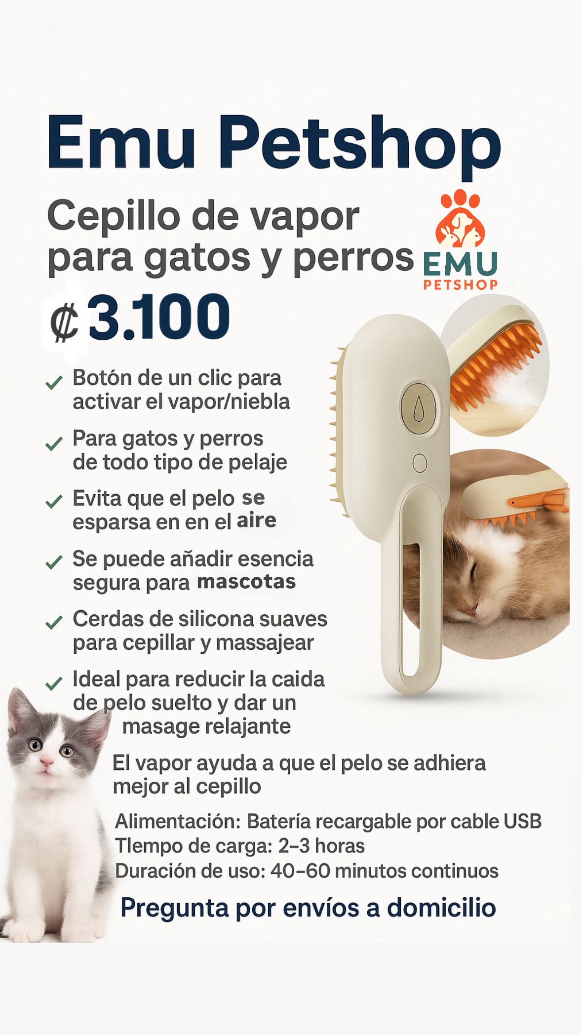 Cepillo de vapor para gatos y perros